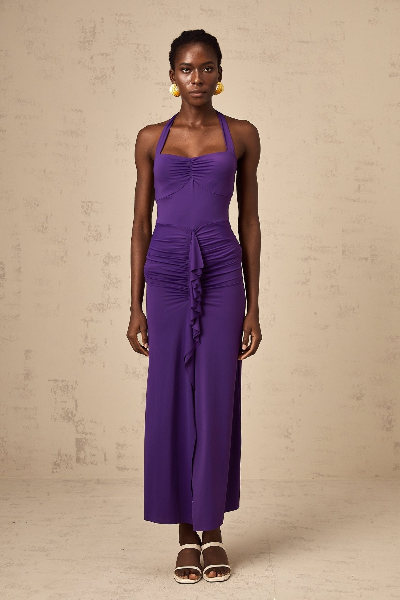 Bailey Midi Dress - Halterneck - Ruched Detailing - Cinched Waist - Open Back