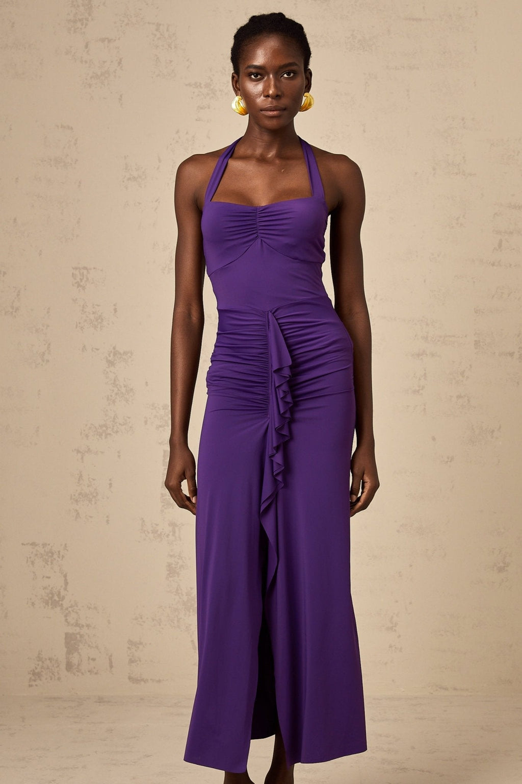 Bailey Midi Dress - Halterneck - Ruched Detailing - Cinched Waist - Open Back