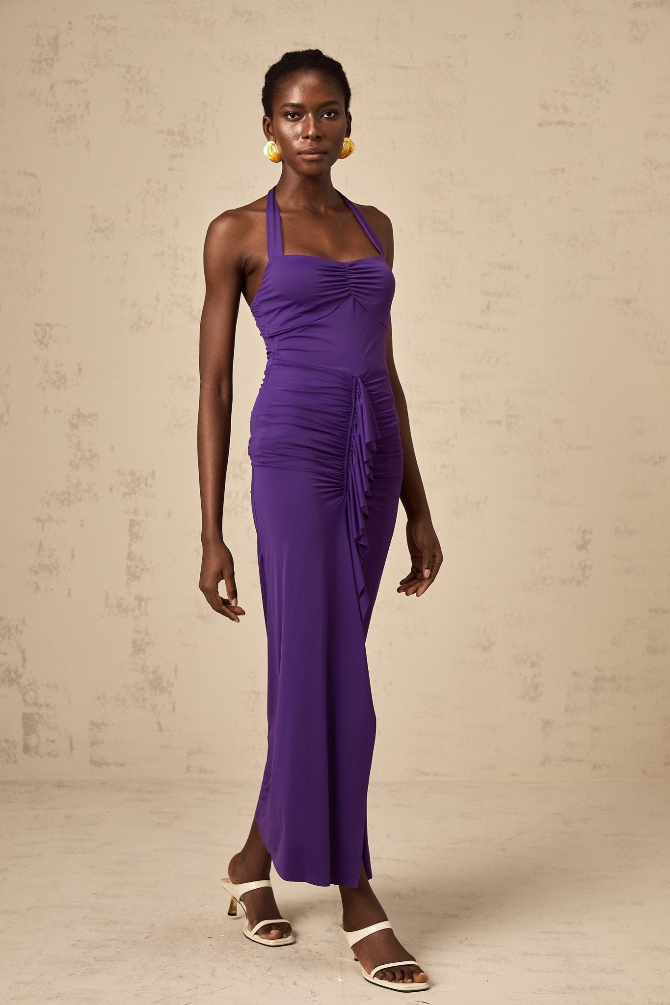Bailey Midi Dress - Halterneck - Ruched Detailing - Cinched Waist - Open Back