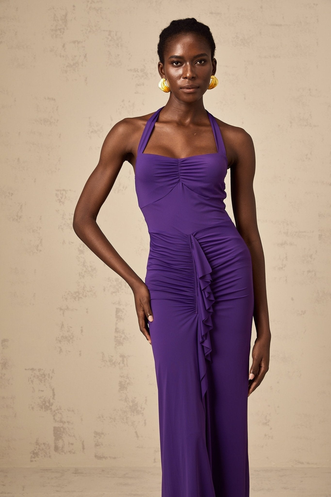 Bailey Midi Dress - Halterneck - Ruched Detailing - Cinched Waist - Open Back