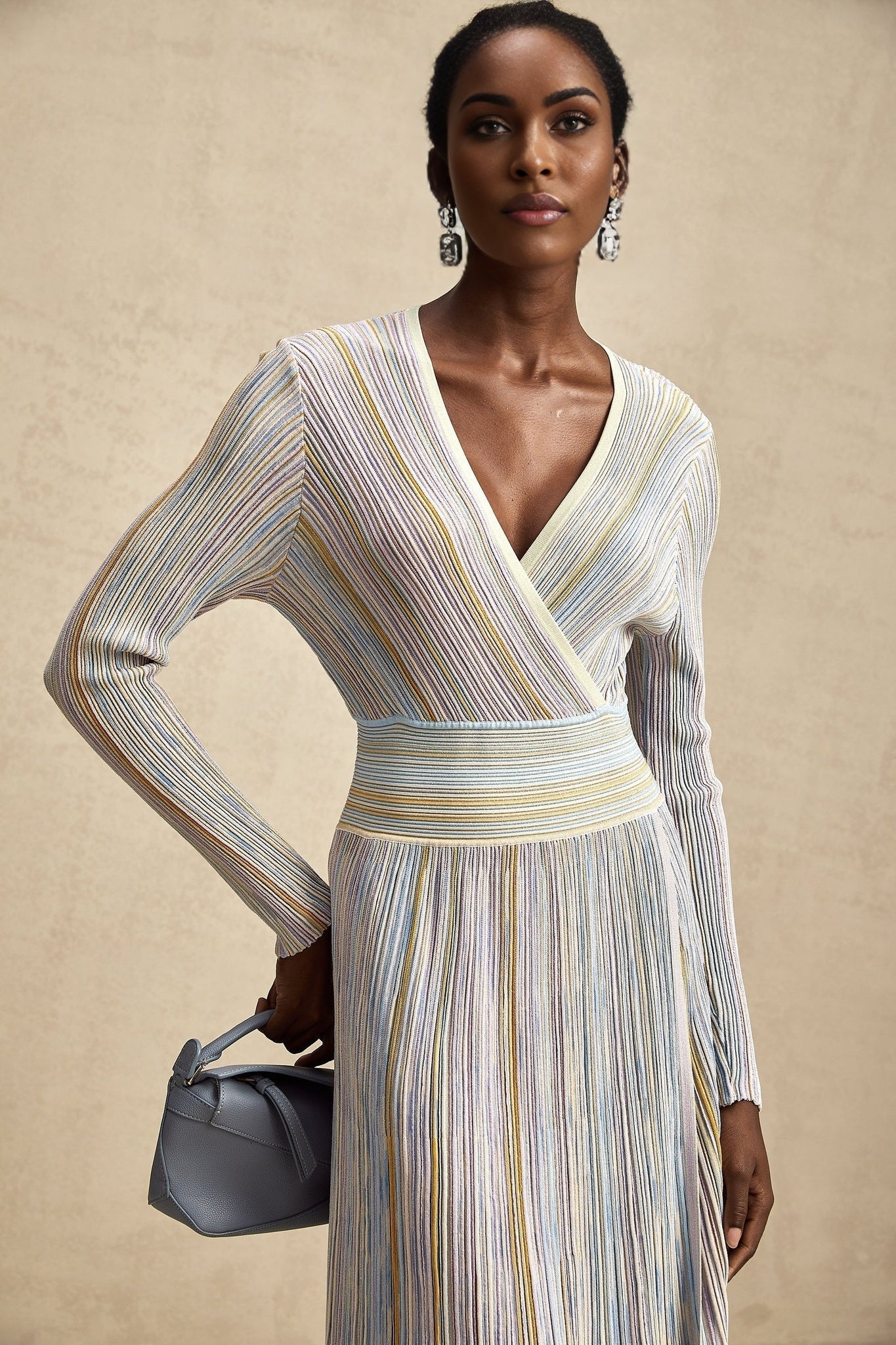 Bailey Midi Dress - V - Neck Design - Ribbed Knit - Metallic Threading - Elasticated Waist - Vertical Stripe Pattern
