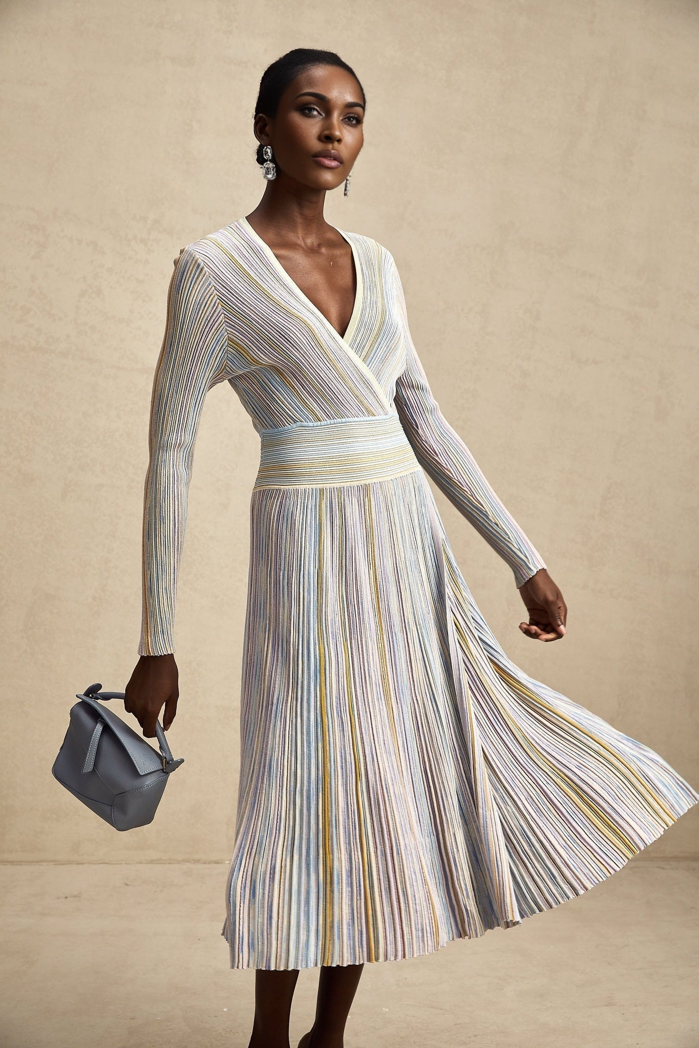 Bailey Midi Dress - V - Neck Design - Ribbed Knit - Metallic Threading - Elasticated Waist - Vertical Stripe Pattern