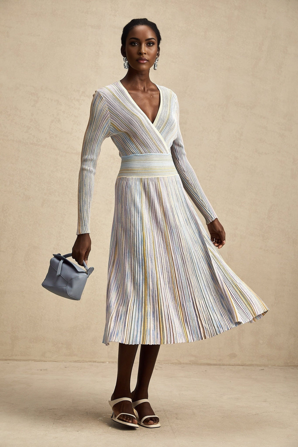 Bailey Midi Dress - V - Neck Design - Ribbed Knit - Metallic Threading - Elasticated Waist - Vertical Stripe Pattern