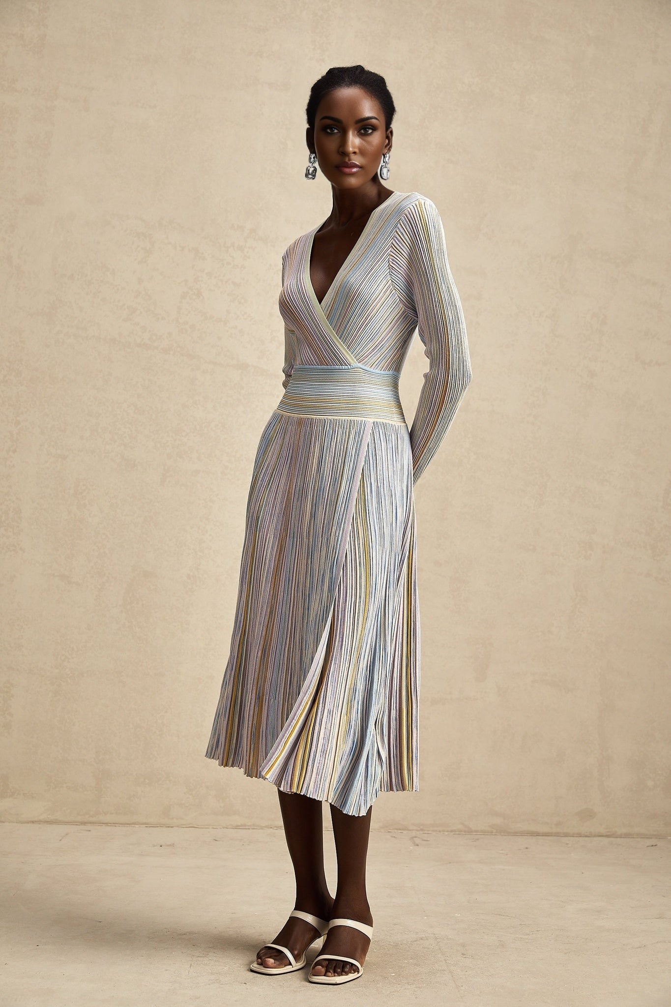 Bailey Midi Dress - V - Neck Design - Ribbed Knit - Metallic Threading - Elasticated Waist - Vertical Stripe Pattern