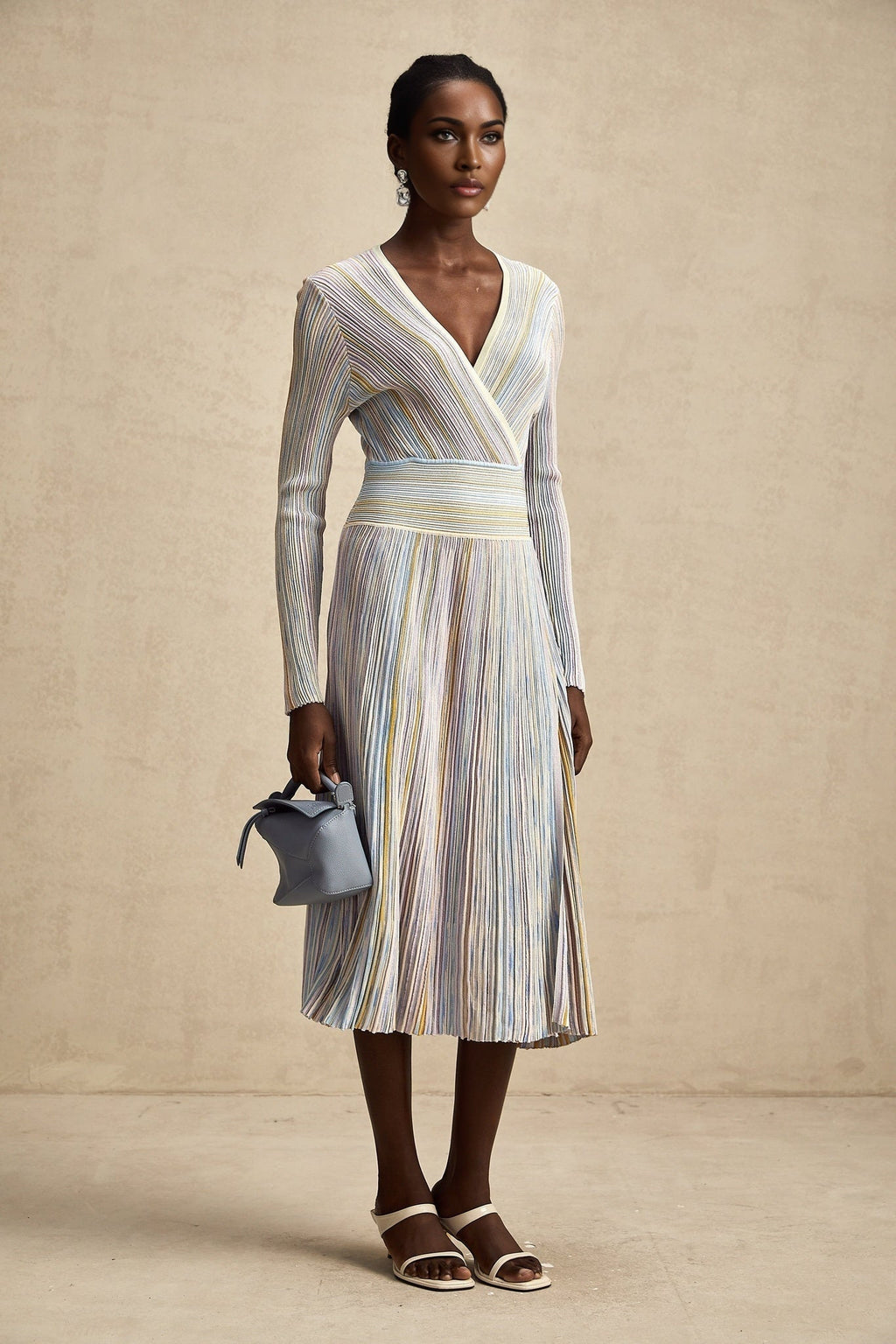Bailey Midi Dress - V - Neck Design - Ribbed Knit - Metallic Threading - Elasticated Waist - Vertical Stripe Pattern