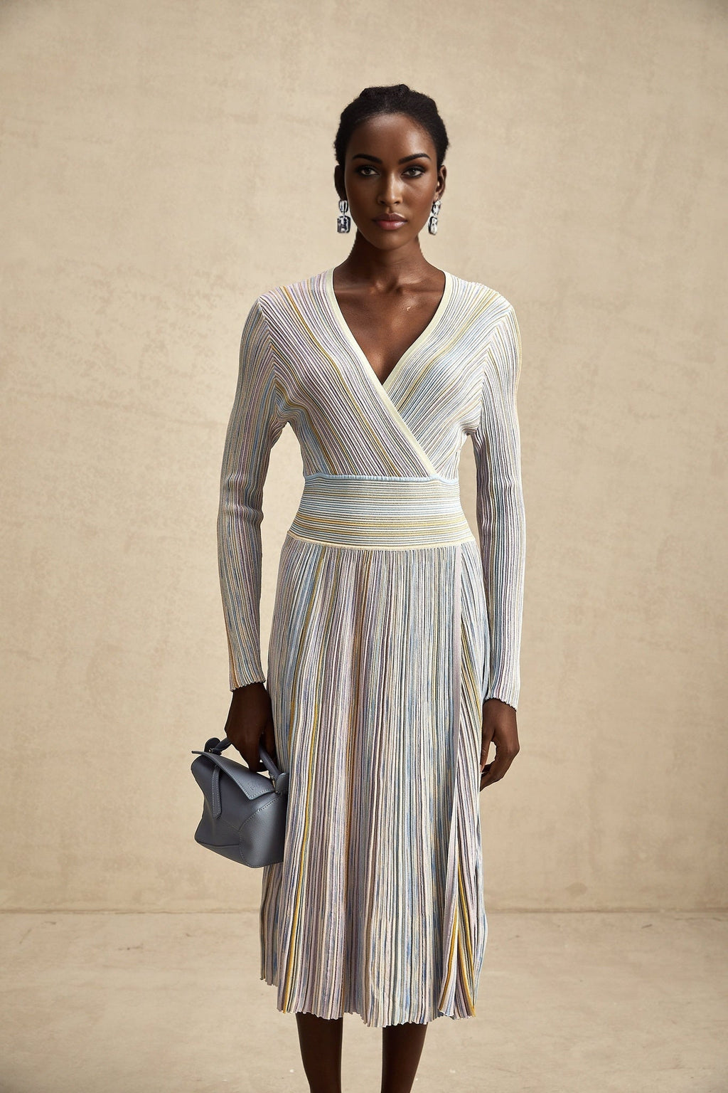 Bailey Midi Dress - V - Neck Design - Ribbed Knit - Metallic Threading - Elasticated Waist - Vertical Stripe Pattern