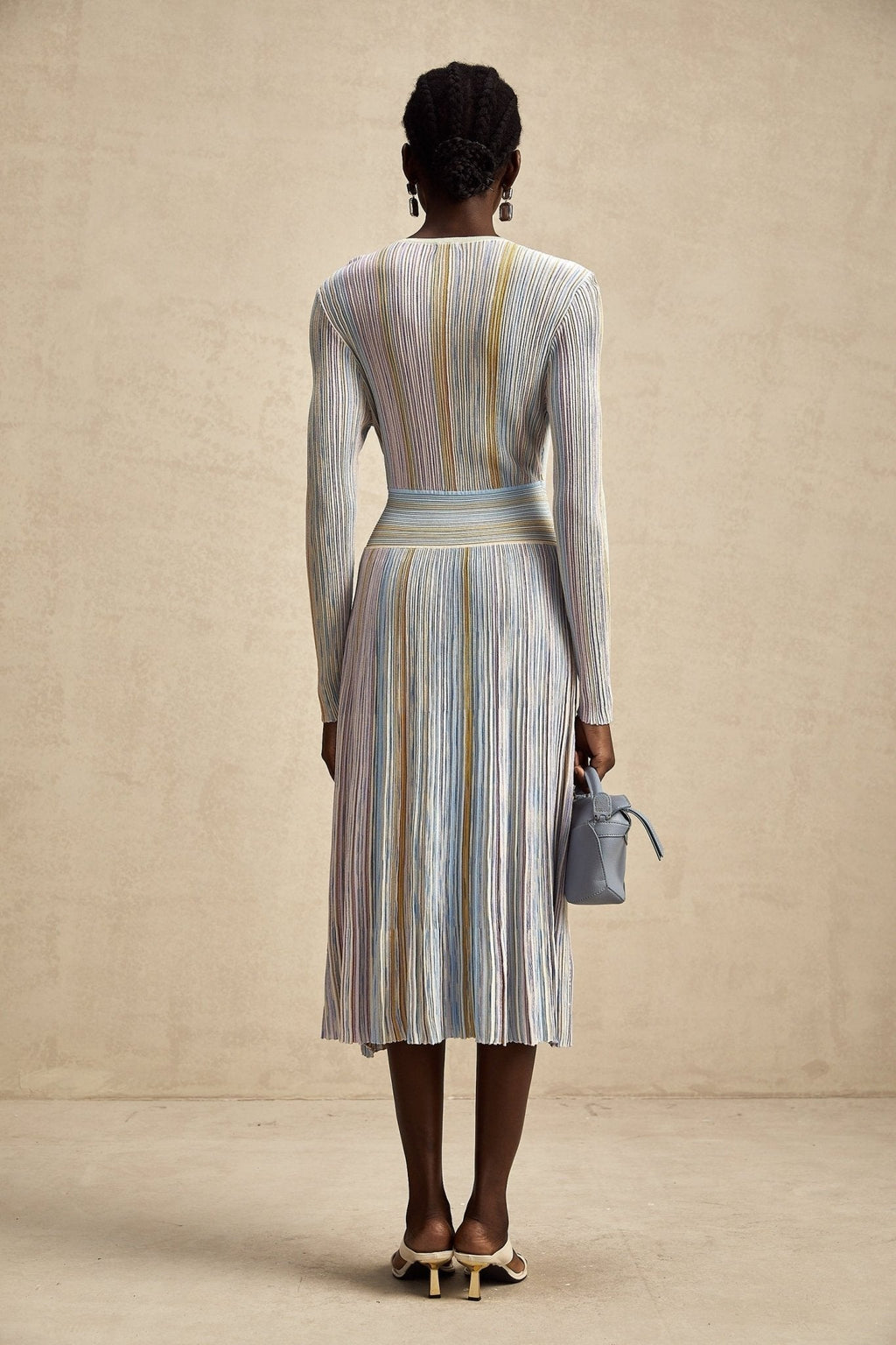 Bailey Midi Dress - V - Neck Design - Ribbed Knit - Metallic Threading - Elasticated Waist - Vertical Stripe Pattern