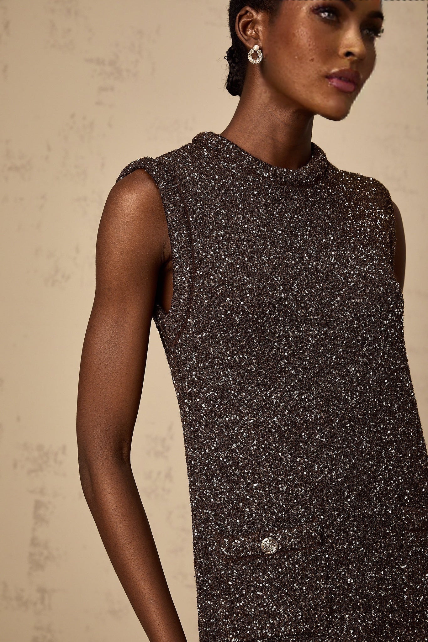 Bailey Mini Dress - Sleeveless - Knitted Sequin Embellished - Patch Pockets