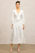 Bailey White Lace Maxi Dress with V-Neckline and Puffed Sleeves
