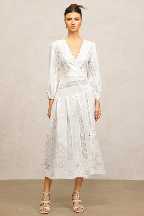 Bailey White Lace Maxi Dress with V-Neckline and Puffed Sleeves