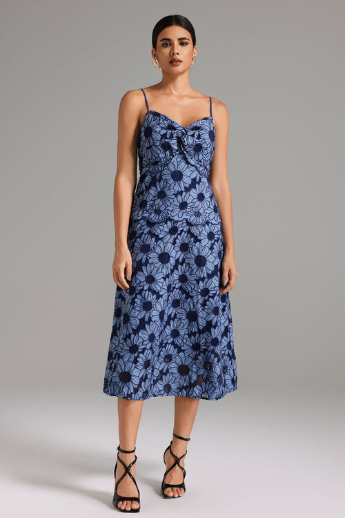 Barbara Blue Floral Slip Dress Sweetheart Neckline Summer Garden Party Sunset Dinner Lightweight Fabric Adjustable Straps