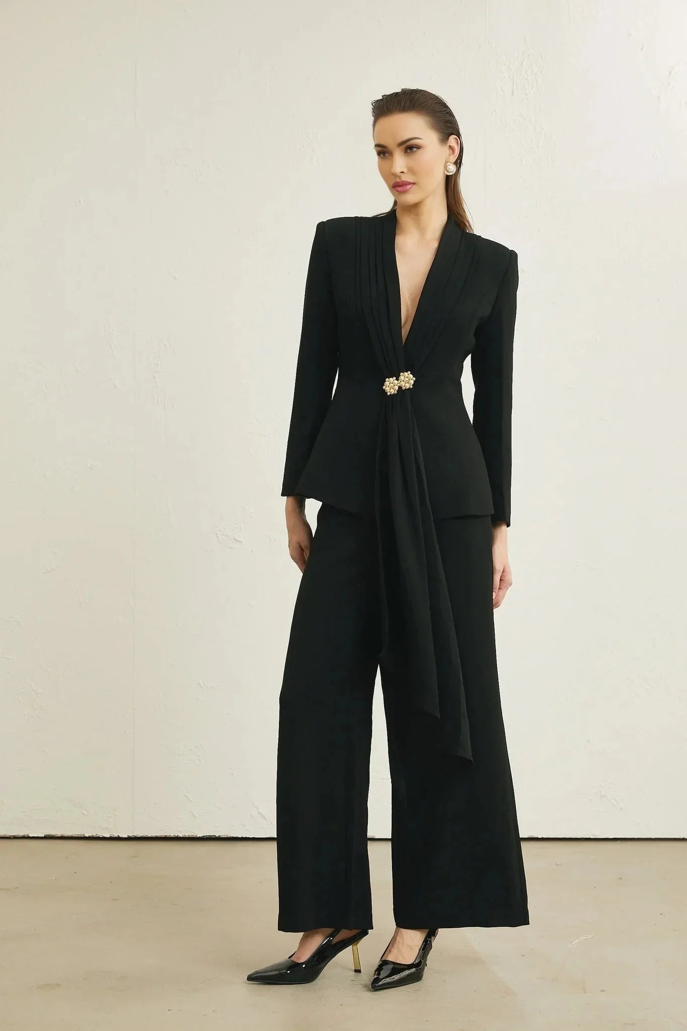 Barbara Jacket & Trousers - V Neck Pleated Ribbon Design Wide Legs Zip Front
