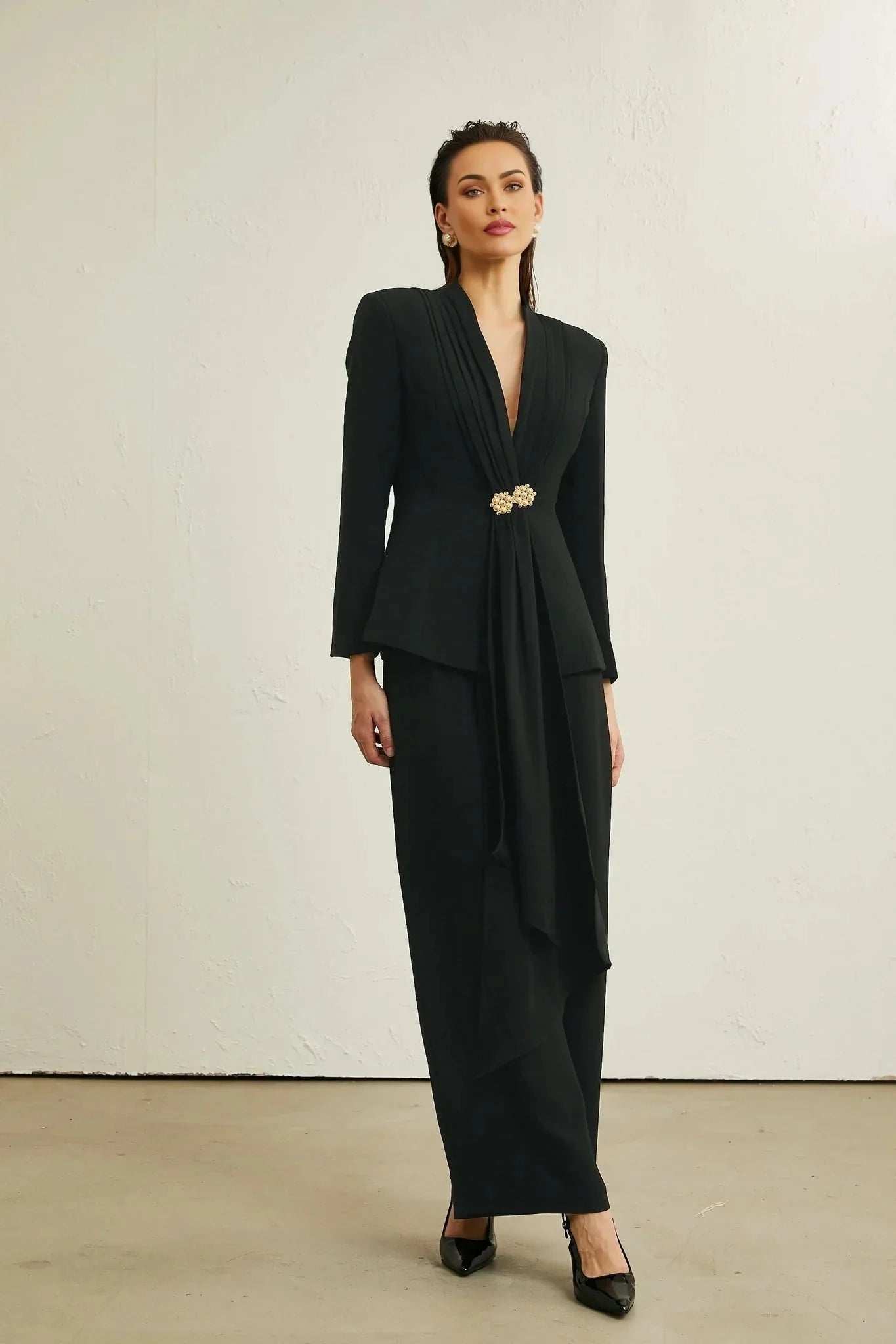Barbara Jacket & Trousers - V Neck Pleated Ribbon Design Wide Legs Zip Front