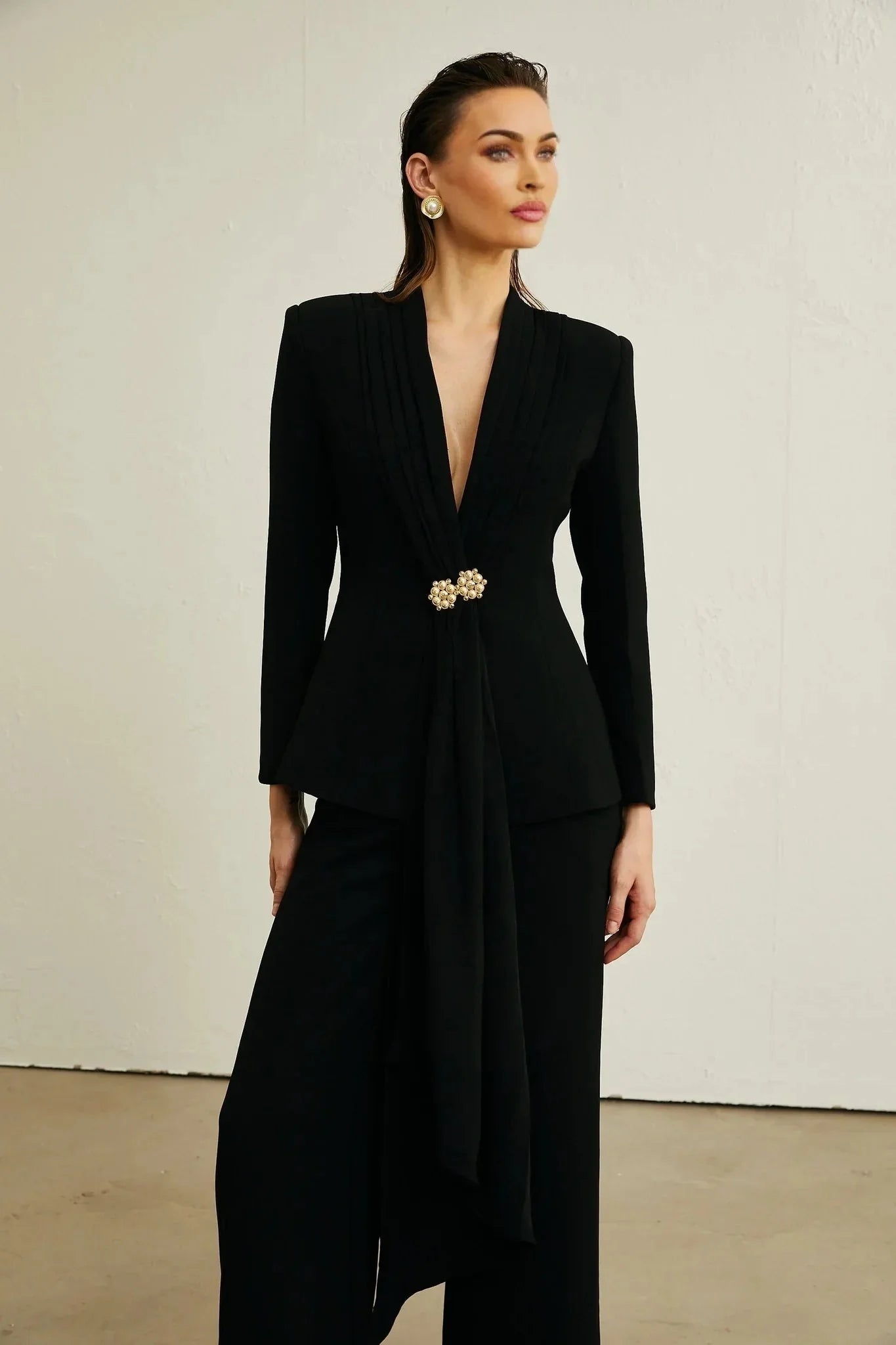 Barbara Jacket & Trousers - V Neck Pleated Ribbon Design Wide Legs Zip Front