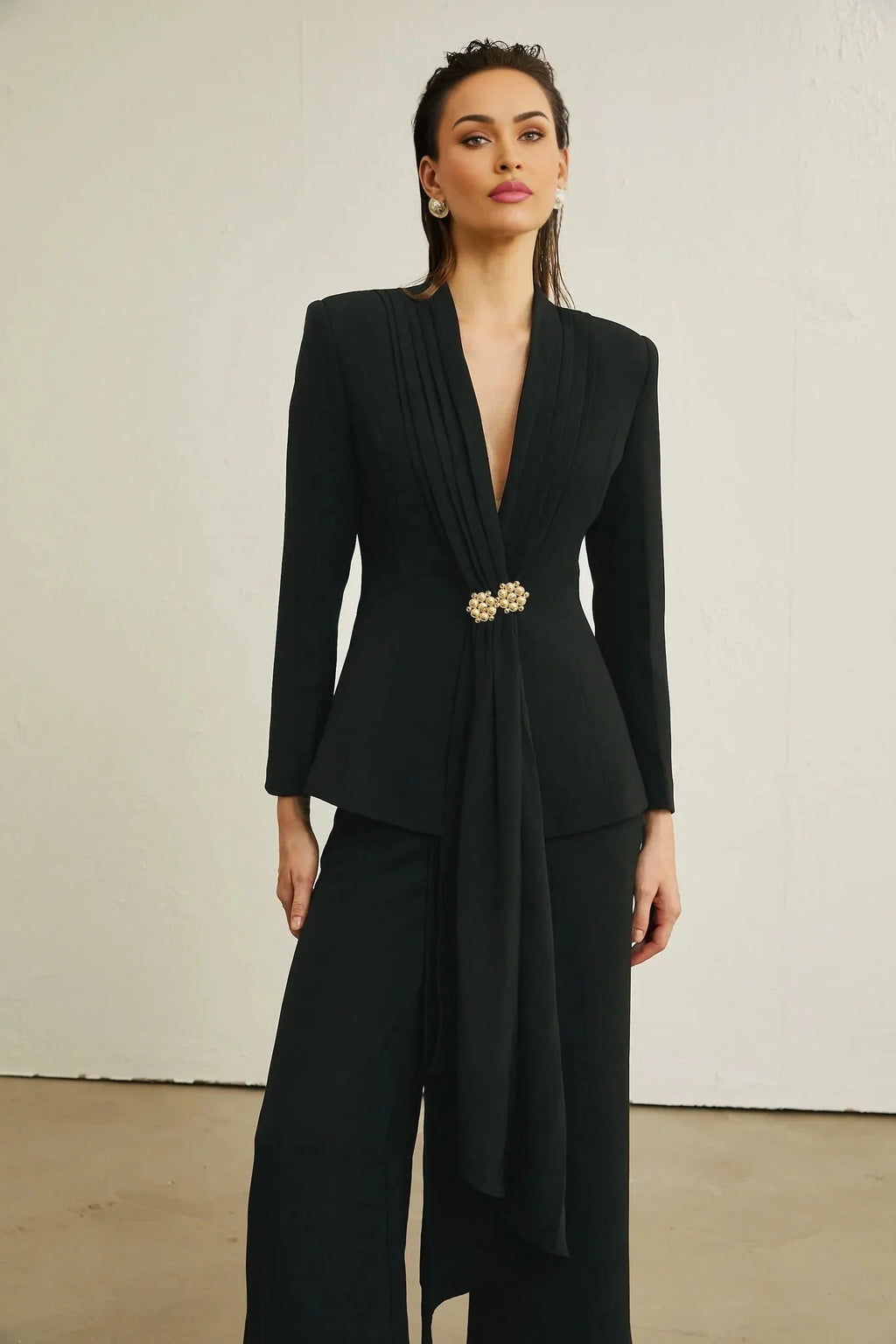 Barbara Jacket & Trousers - V Neck Pleated Ribbon Design Wide Legs Zip Front