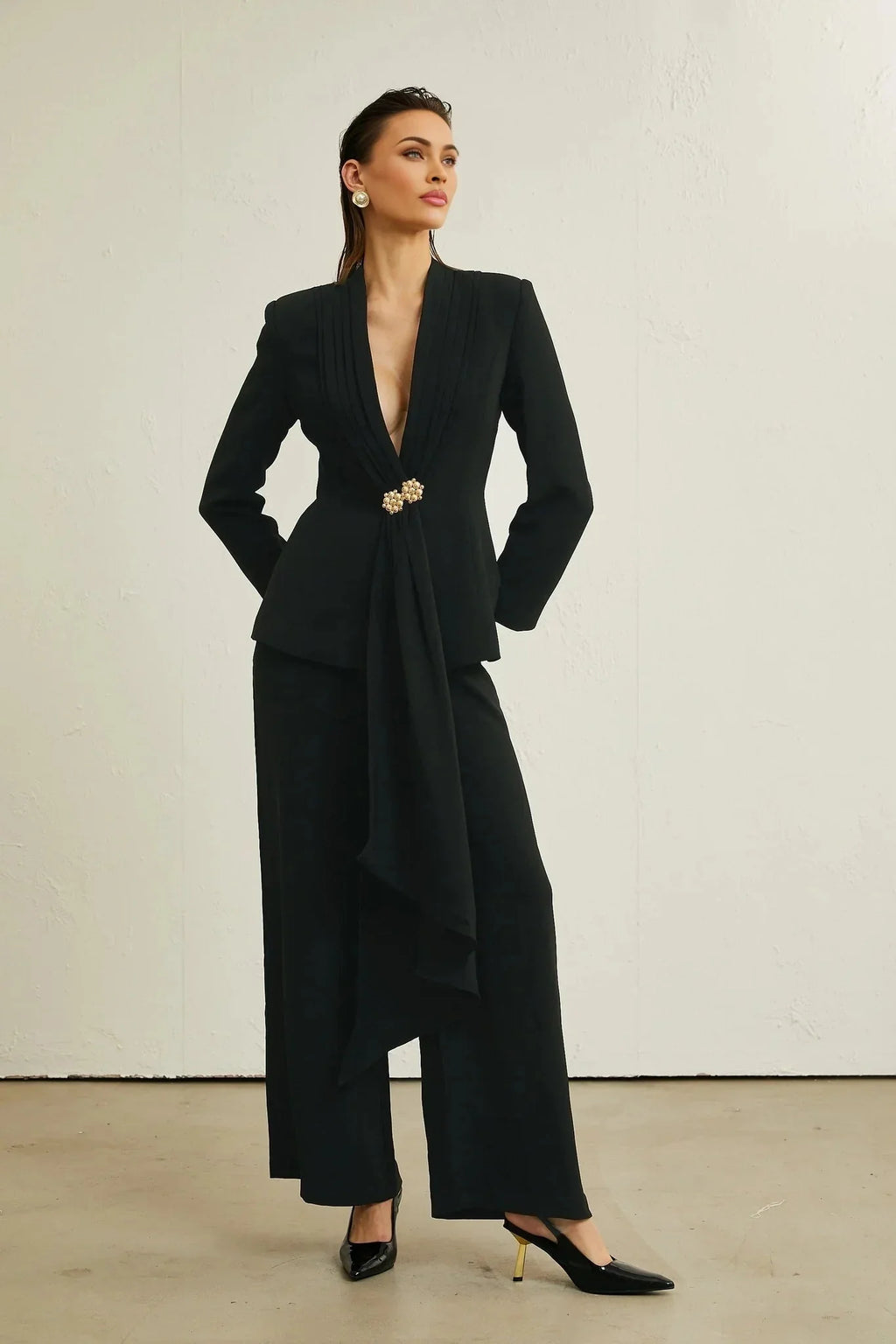 Barbara Jacket & Trousers - V Neck Pleated Ribbon Design Wide Legs Zip Front