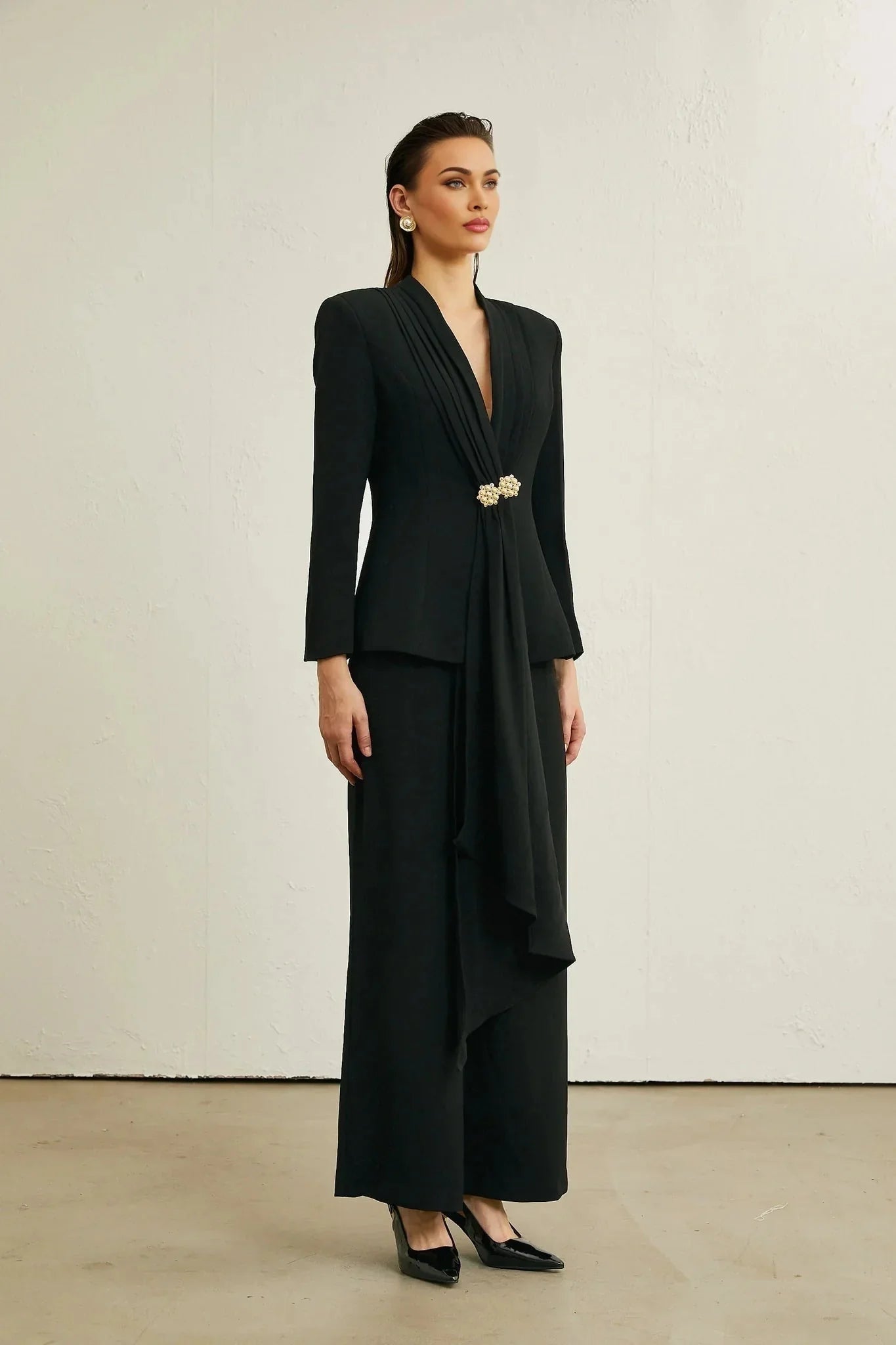 Barbara Jacket & Trousers - V Neck Pleated Ribbon Design Wide Legs Zip Front