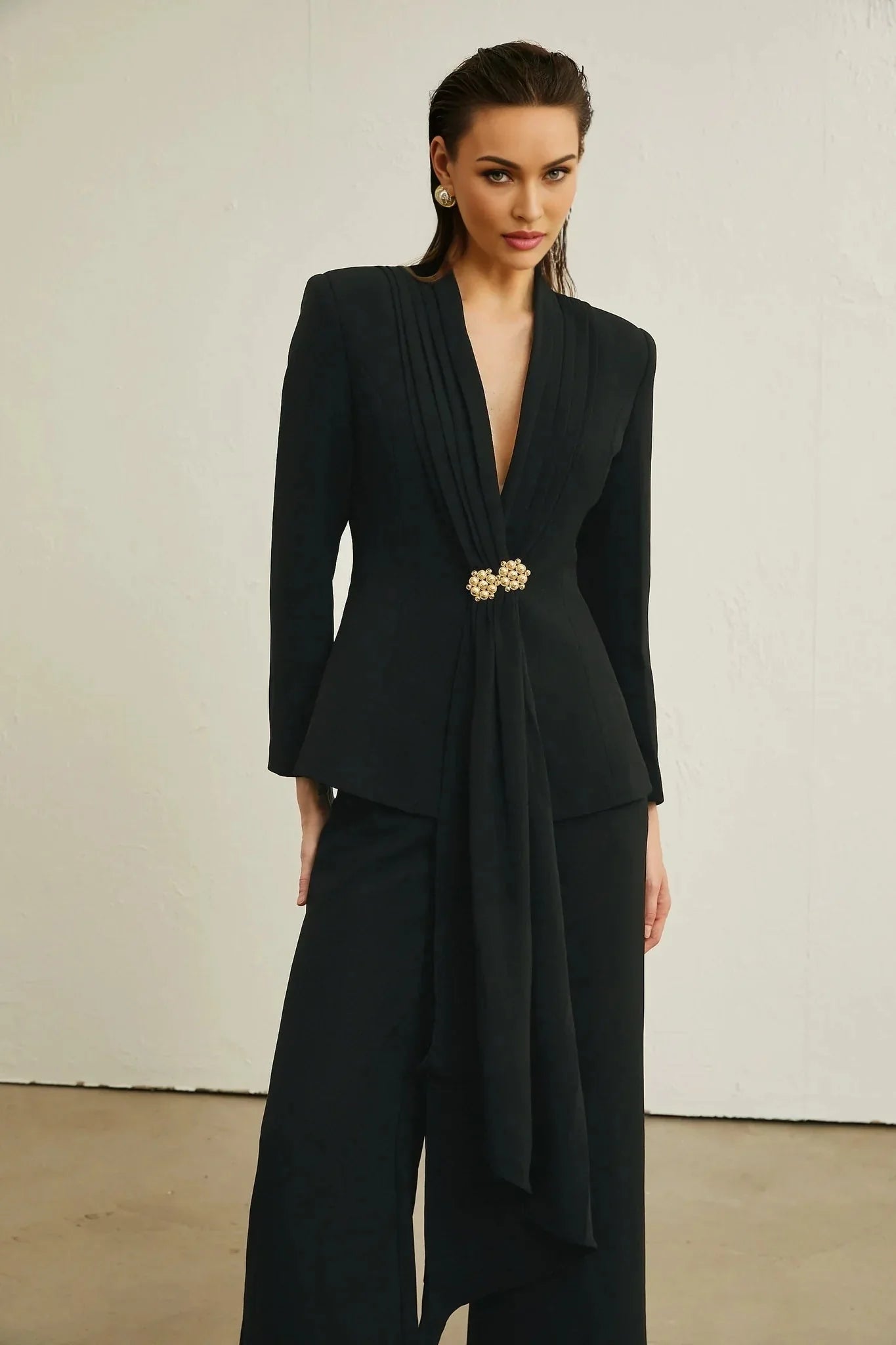 Barbara Jacket & Trousers - V Neck Pleated Ribbon Design Wide Legs Zip Front