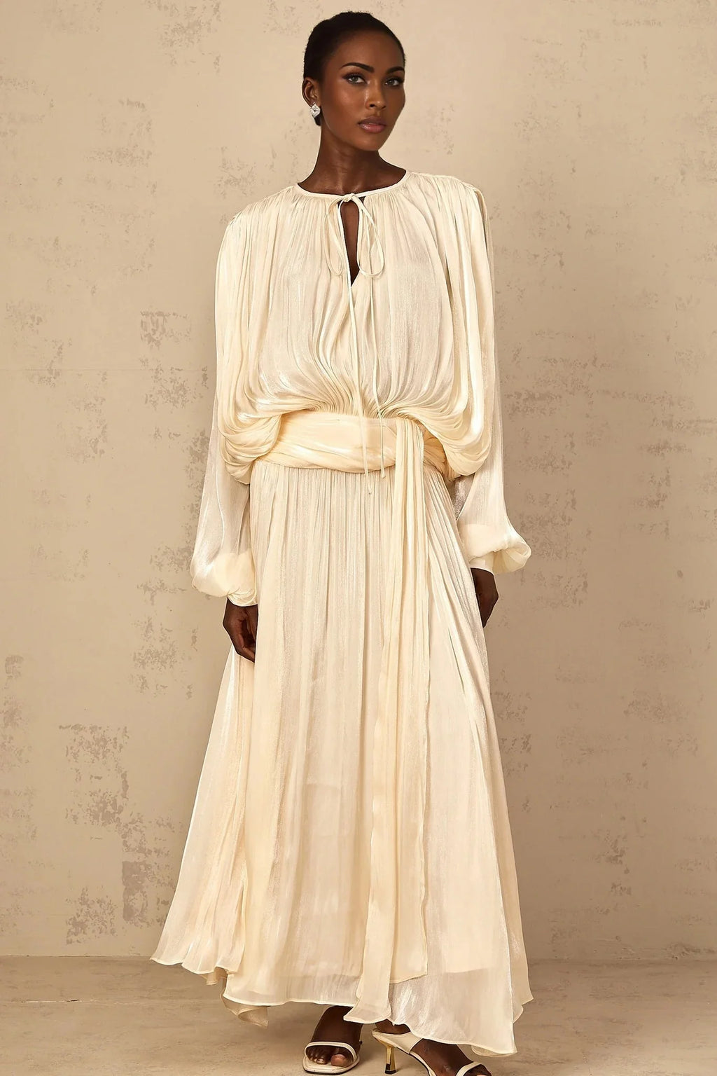 Barbara Maxi Dress Pleated Ruffle & Glitter Feminine Neutral