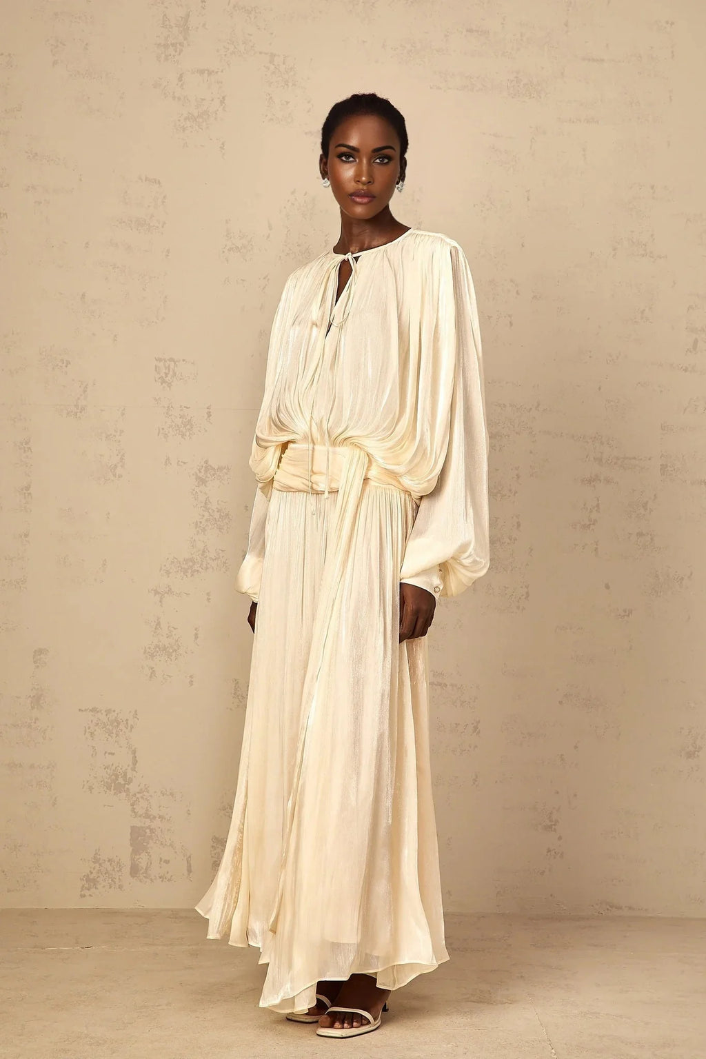 Barbara Maxi Dress Pleated Ruffle & Glitter Feminine Neutral