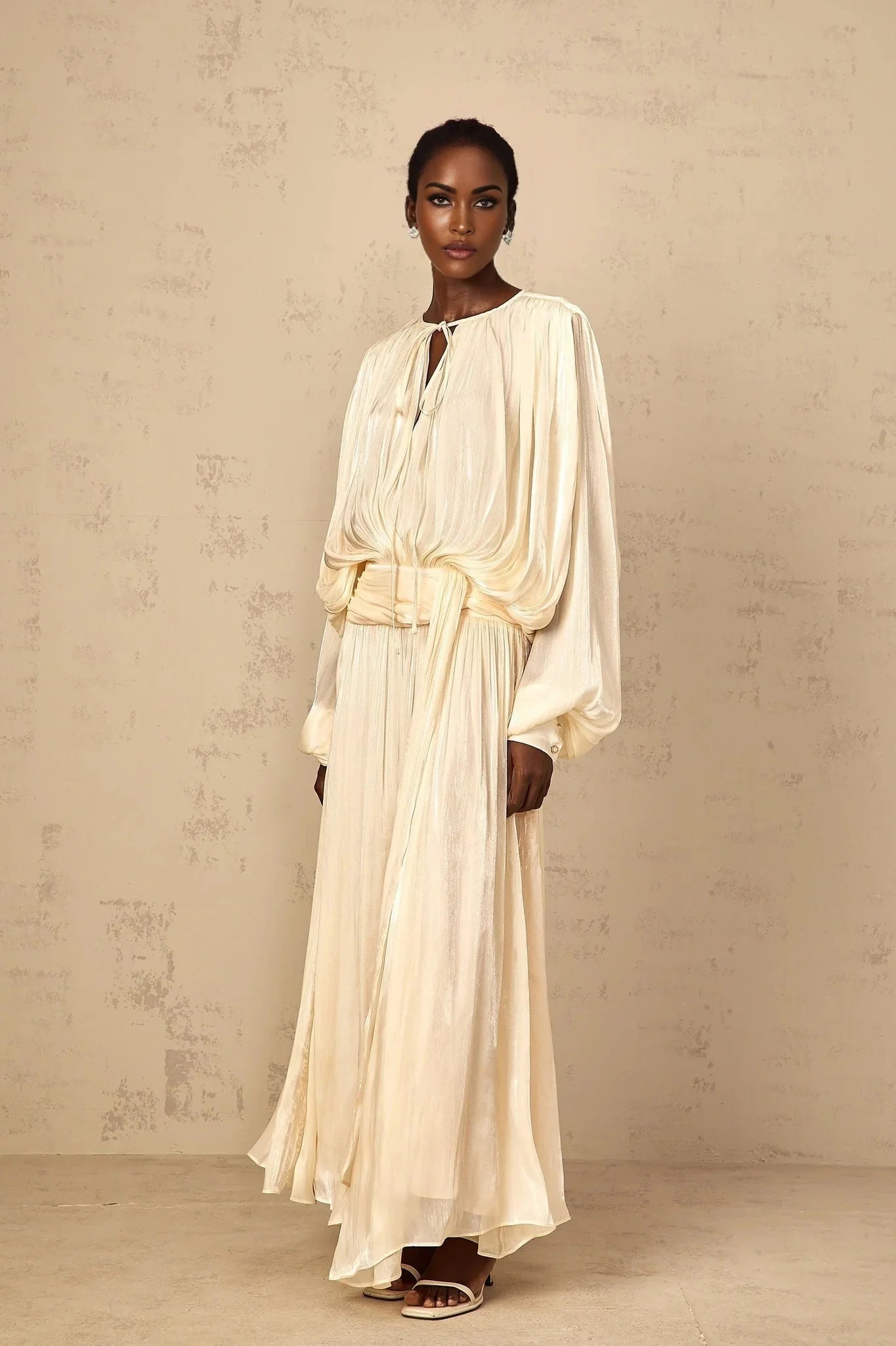 Barbara Maxi Dress Pleated Ruffle & Glitter Feminine Neutral
