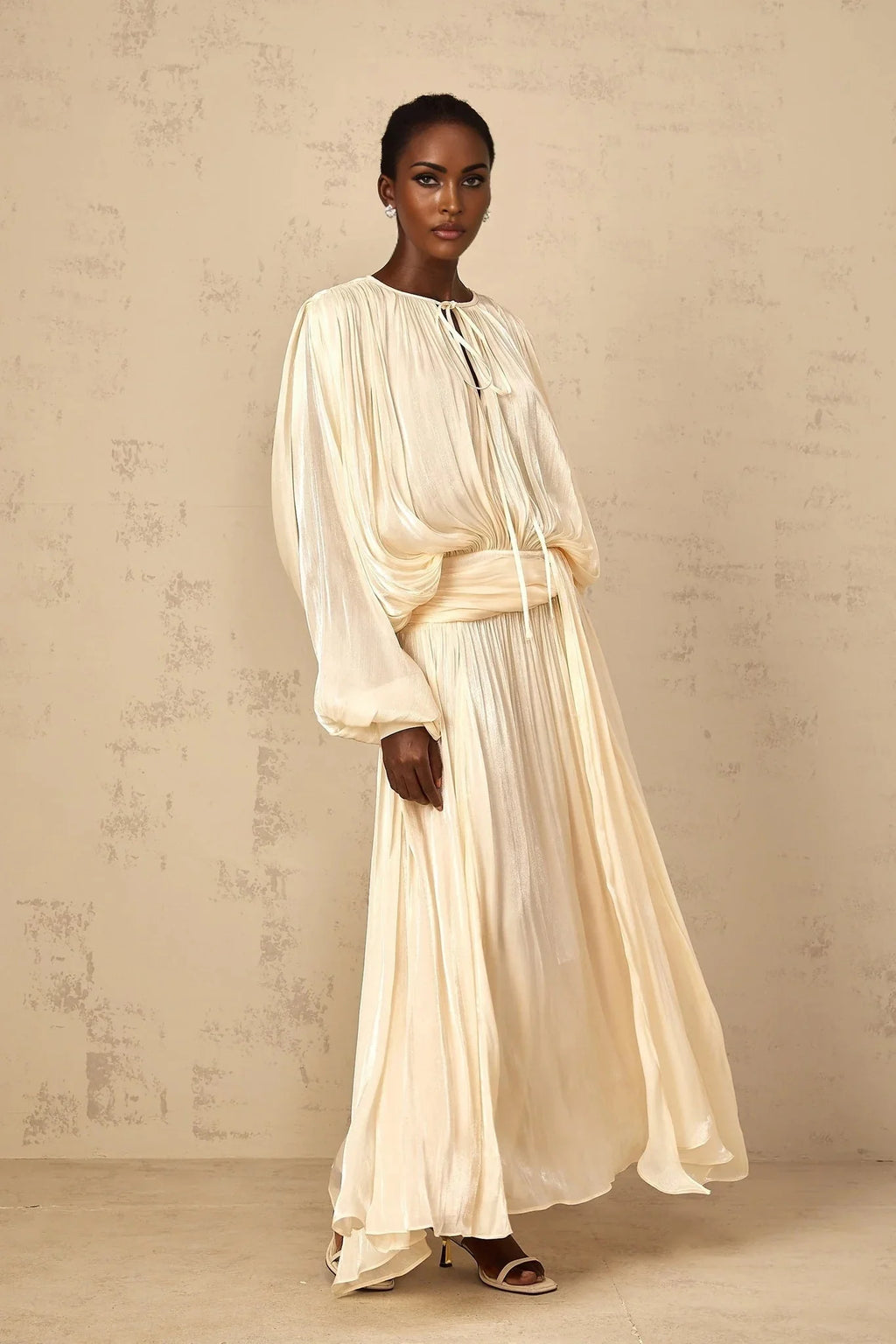 Barbara Maxi Dress Pleated Ruffle & Glitter Feminine Neutral