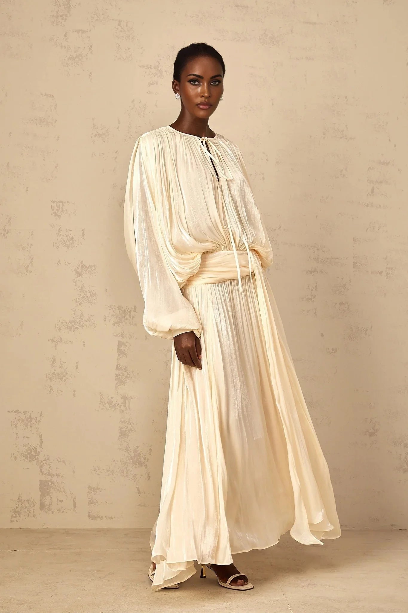 Barbara Maxi Dress Pleated Ruffle & Glitter Feminine Neutral