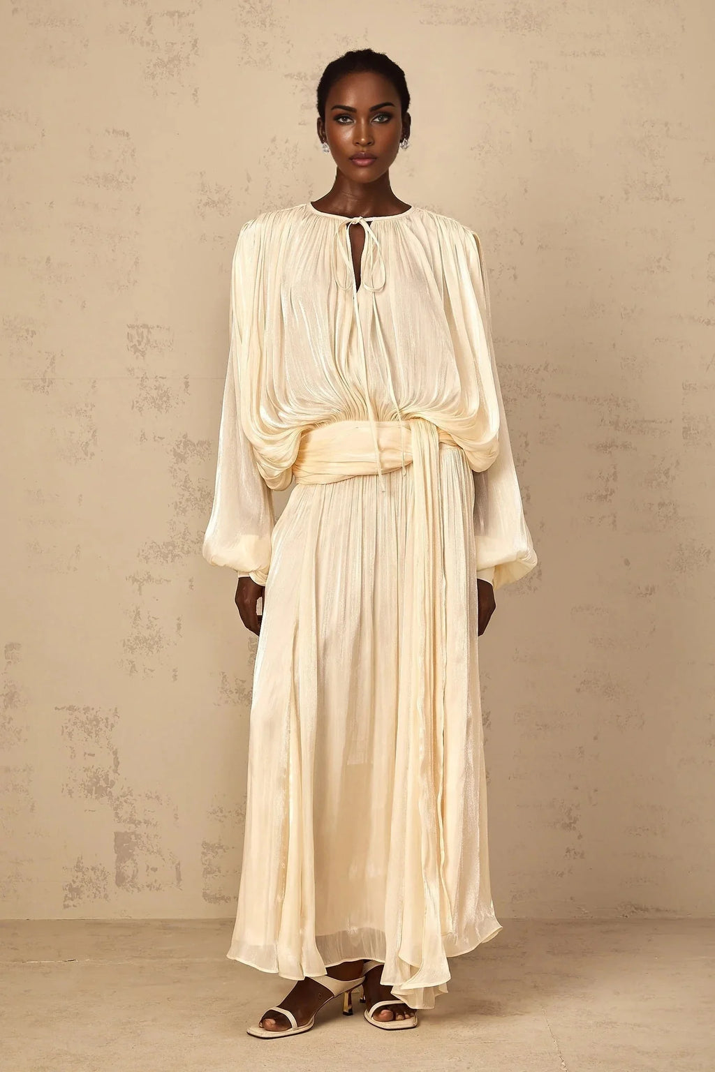 Barbara Maxi Dress Pleated Ruffle & Glitter Feminine Neutral