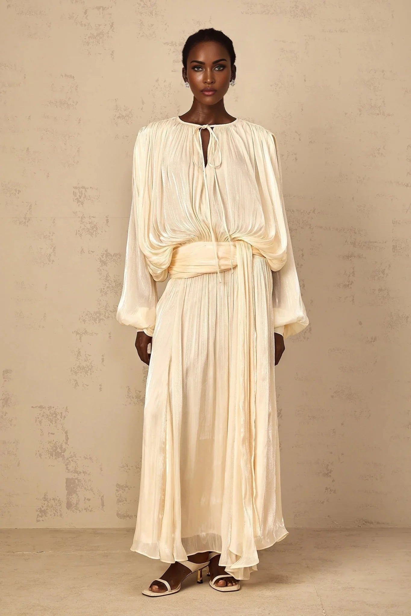 Barbara Maxi Dress Pleated Ruffle & Glitter Feminine Neutral