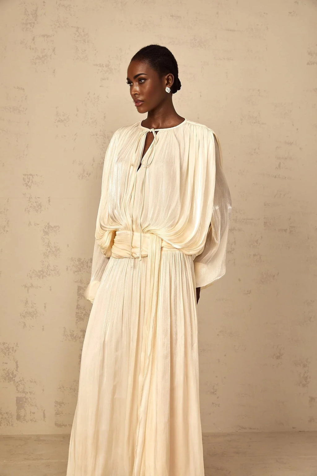 Barbara Maxi Dress Pleated Ruffle & Glitter Feminine Neutral
