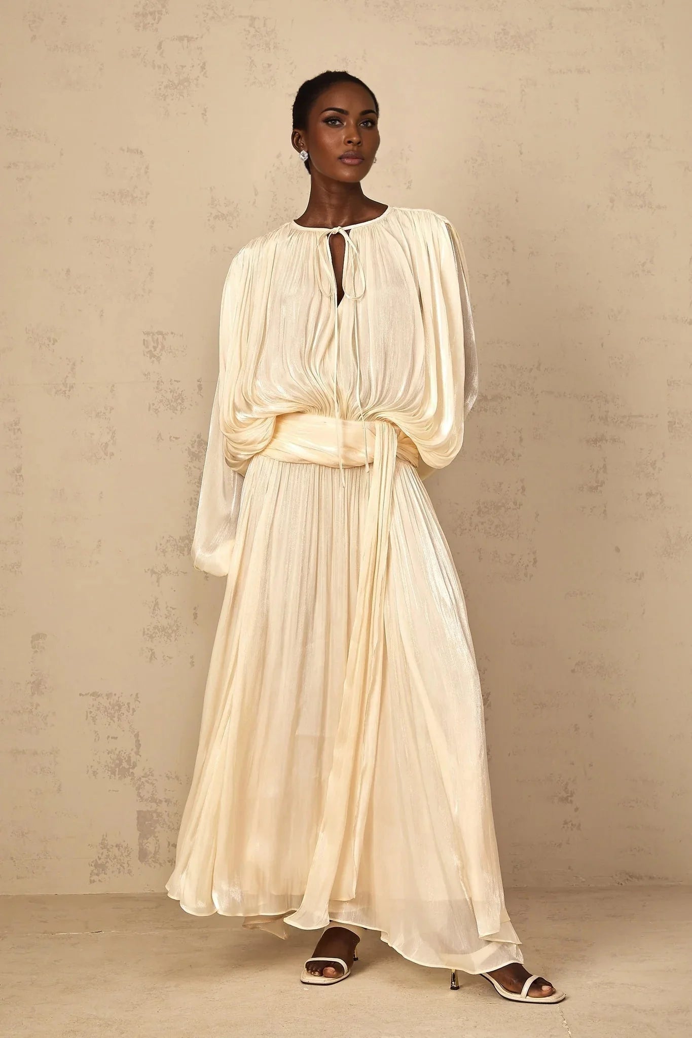 Barbara Maxi Dress Pleated Ruffle & Glitter Feminine Neutral