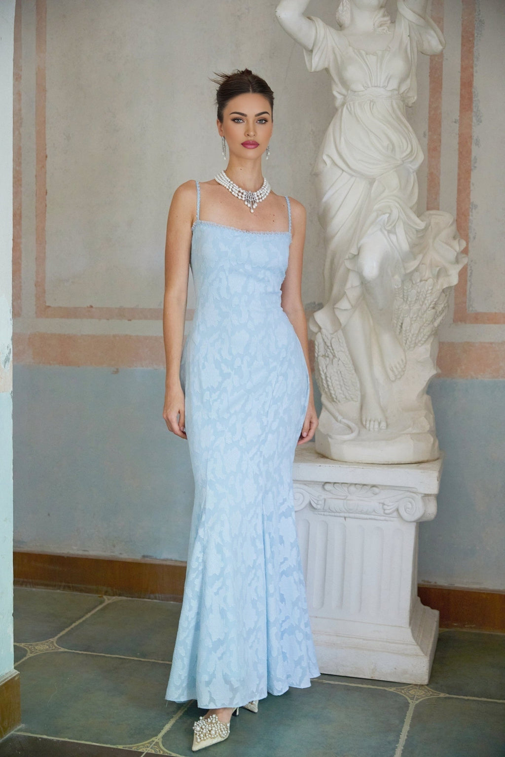 Barbara Maxi Dress - Sleeveless with Spaghetti Straps - Lace Trim & Floral Jacquard Design - Side Zip & Rear Lace - Up Fastening
