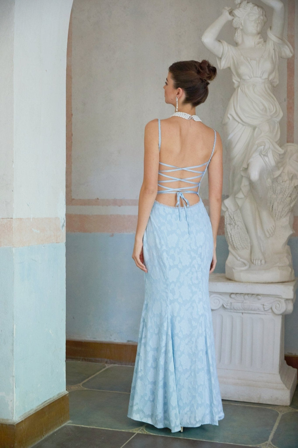 Barbara Maxi Dress - Sleeveless with Spaghetti Straps - Lace Trim & Floral Jacquard Design - Side Zip & Rear Lace - Up Fastening