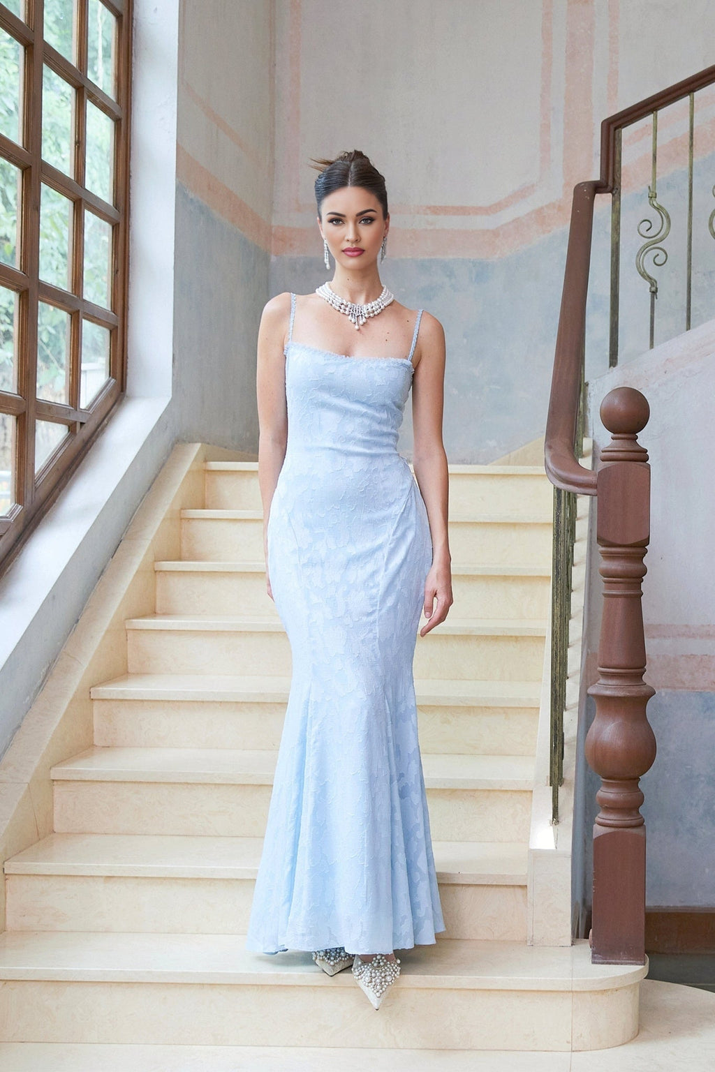 Barbara Maxi Dress - Sleeveless with Spaghetti Straps - Lace Trim & Floral Jacquard Design - Side Zip & Rear Lace - Up Fastening