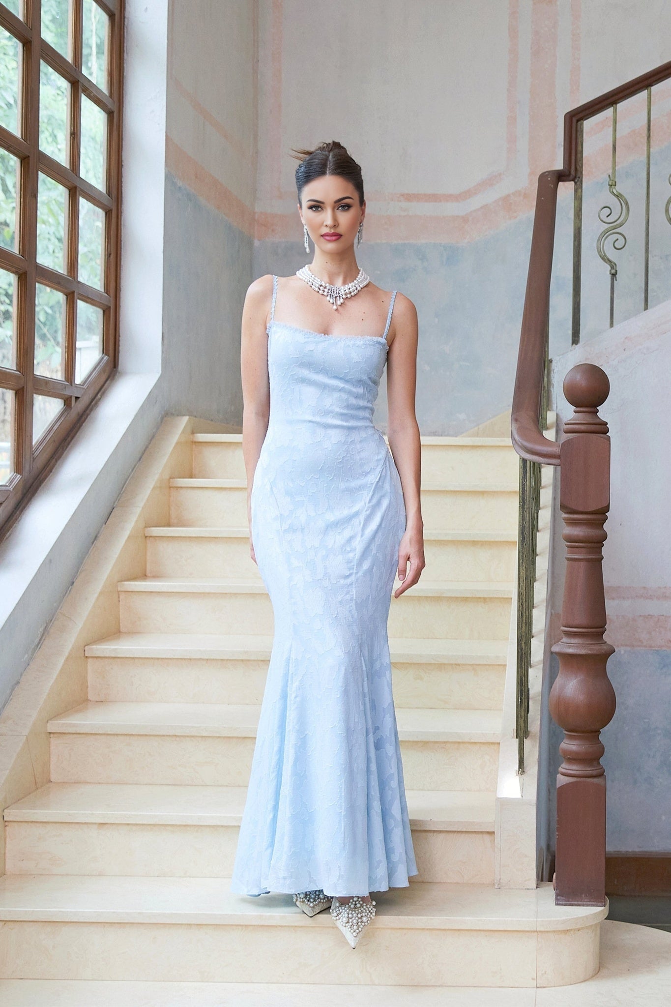 Barbara Maxi Dress - Sleeveless with Spaghetti Straps - Lace Trim & Floral Jacquard Design - Side Zip & Rear Lace - Up Fastening