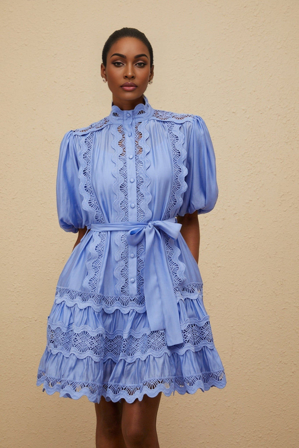 Barbara Mini Dress - Short Puff Sleeves - Cut - Out Detailing - Tied Waist - Tiered Design - Embroidered Motif