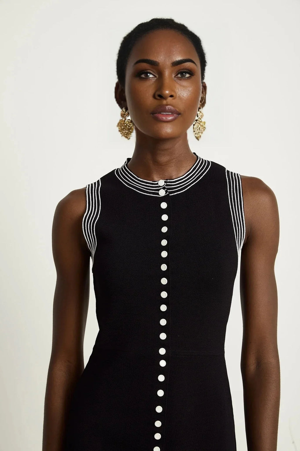 Barbara Mini Dress - Sleeveless Round Neck Fitted Waistline Press - Stud Fastening