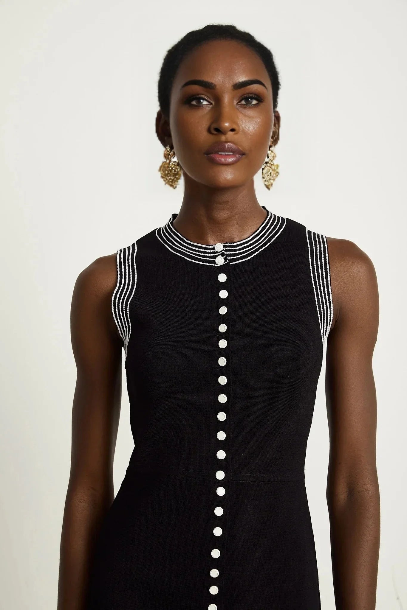Barbara Mini Dress - Sleeveless Round Neck Fitted Waistline Press - Stud Fastening