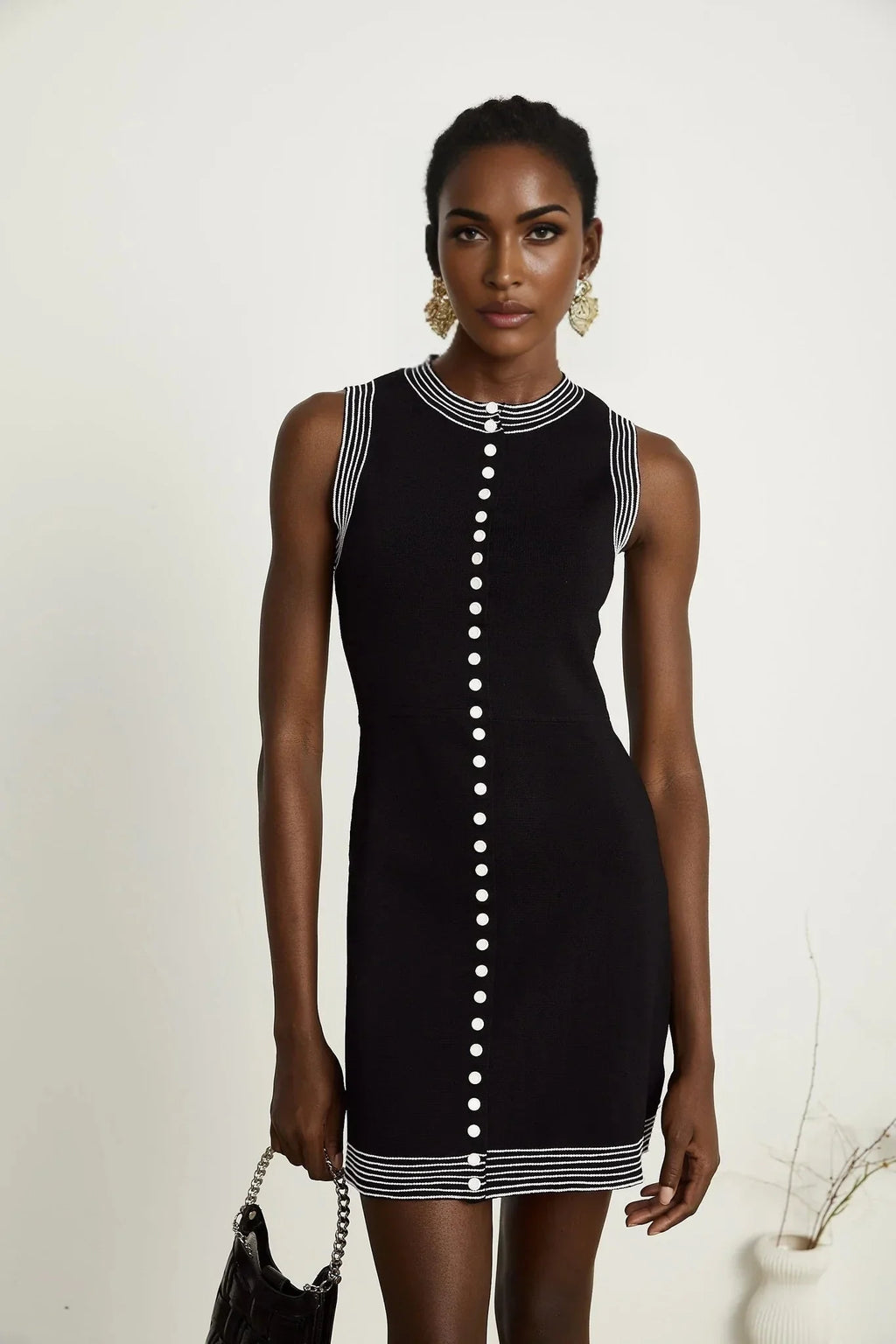 Barbara Mini Dress - Sleeveless Round Neck Fitted Waistline Press - Stud Fastening