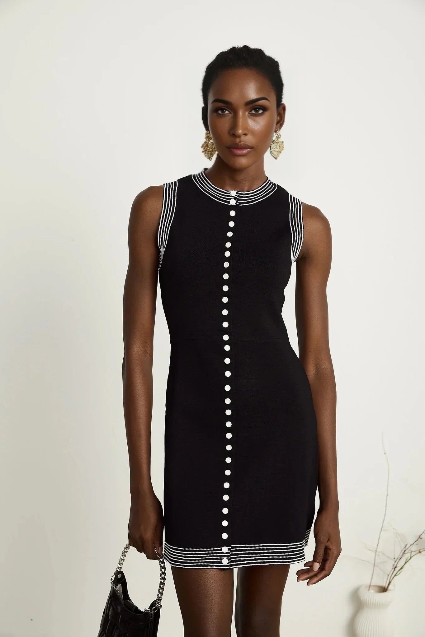 Barbara Mini Dress - Sleeveless Round Neck Fitted Waistline Press - Stud Fastening
