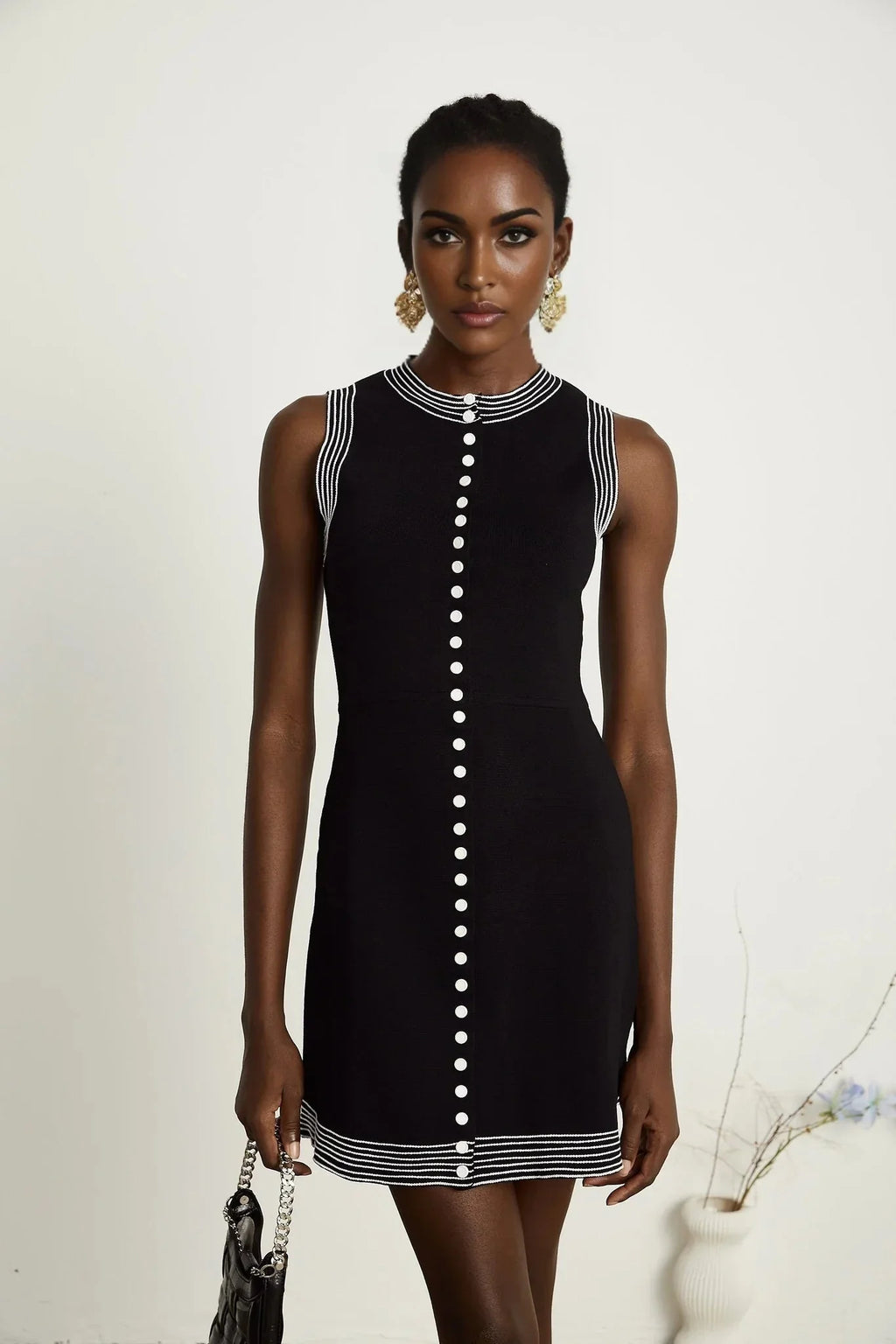 Barbara Mini Dress - Sleeveless Round Neck Fitted Waistline Press - Stud Fastening