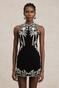 Beata Black Embroidered Sleeveless Dress with Round Neckline