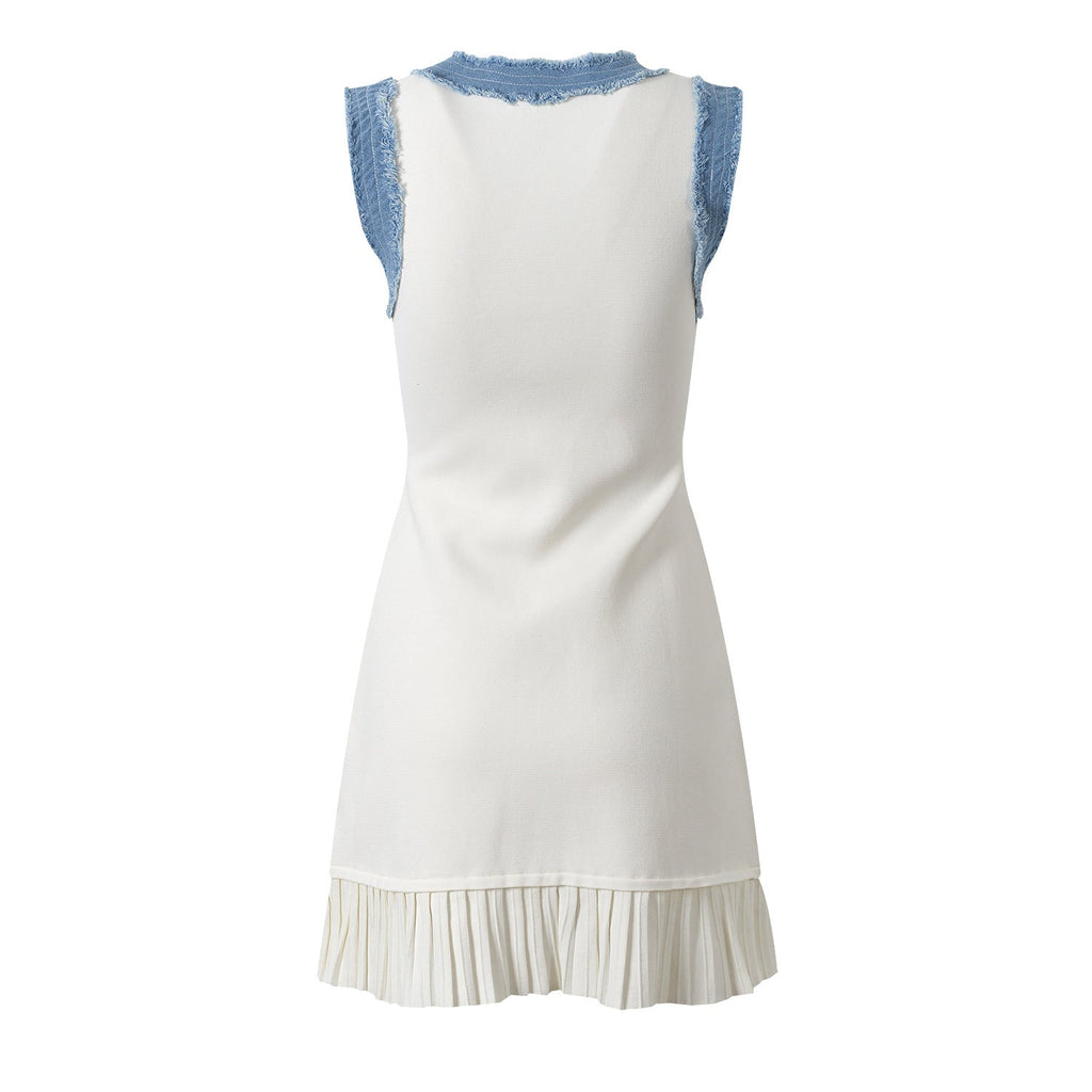 Beata Denim Dress - Fitted Bodice - Flared Hem - Sleeveless Silhouette - Tailored Waist - Pleated Hem