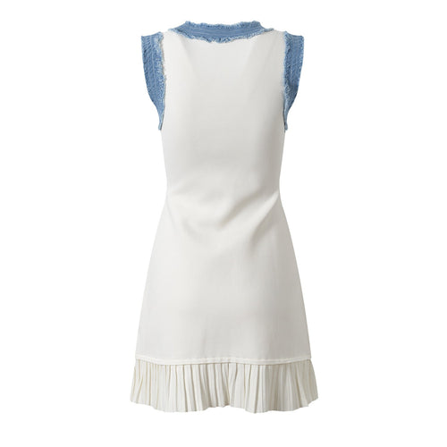 Beata Denim Dress - Fitted Bodice - Flared Hem - Sleeveless Silhouette - Tailored Waist - Pleated Hem