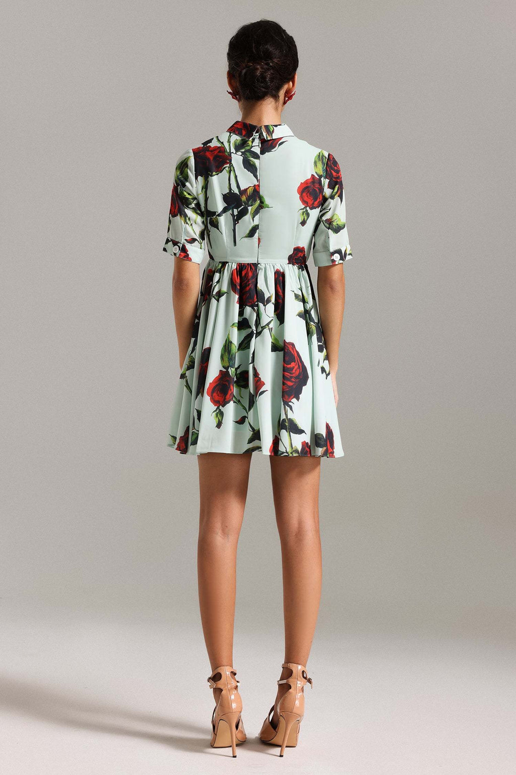 Beata Green Floral Print Mini Dress with Classic Collar and Button-Down Front for Vibrant Occasions