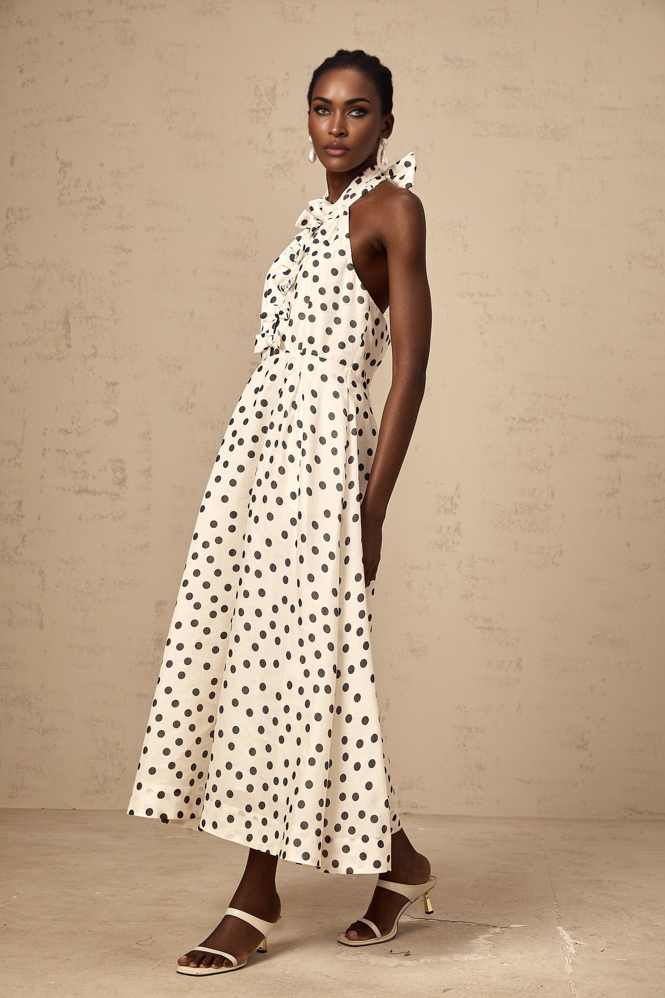 Beatrice Midi Dress - Halterneck Design - Sleeveless Silhouette - Cinched Waist - Polka Dot Pattern