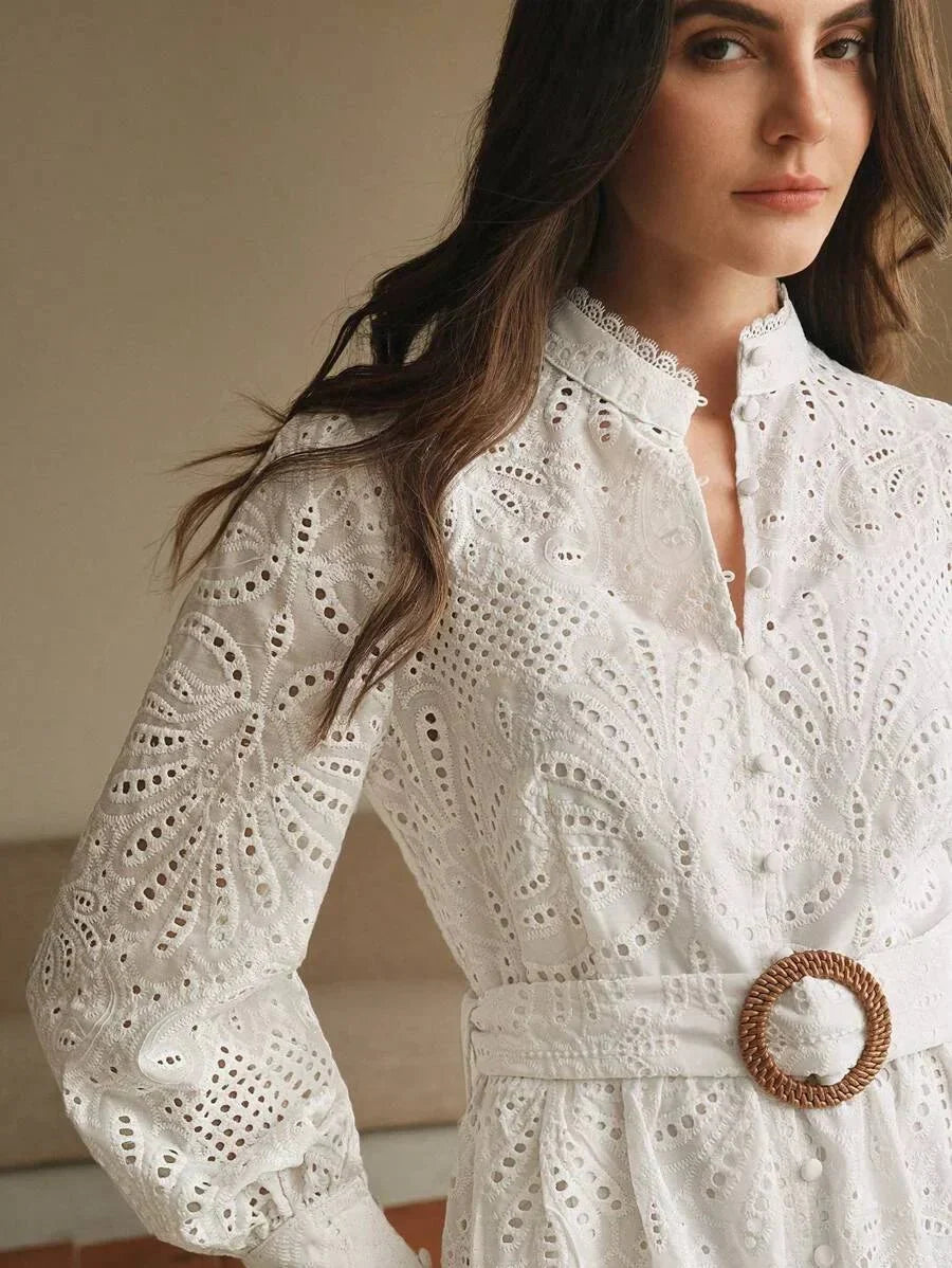 Beatrice Midi Dress - Stand Collar - Puff Sleeve - High Waist - Elegant Style