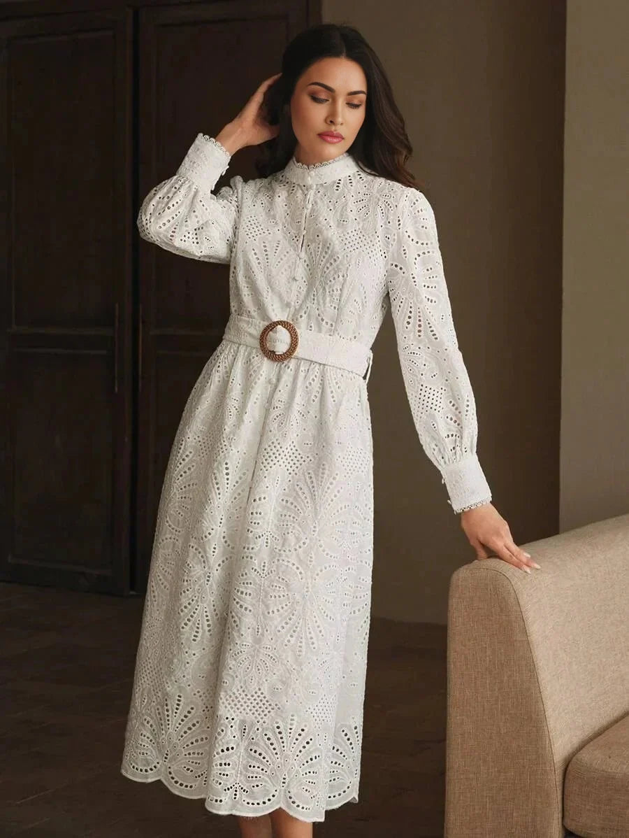 Beatrice Midi Dress - Stand Collar - Puff Sleeve - High Waist - Elegant Style