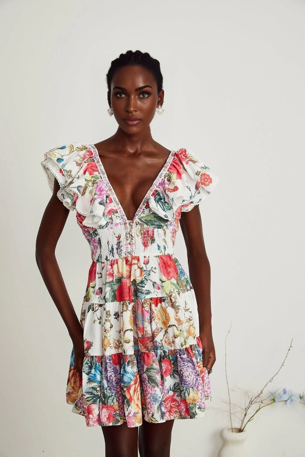 Beatrice Mini Dress - V - neck - Sleeveless - Ruffled and Pleat Detailing - Crystal Embellishment