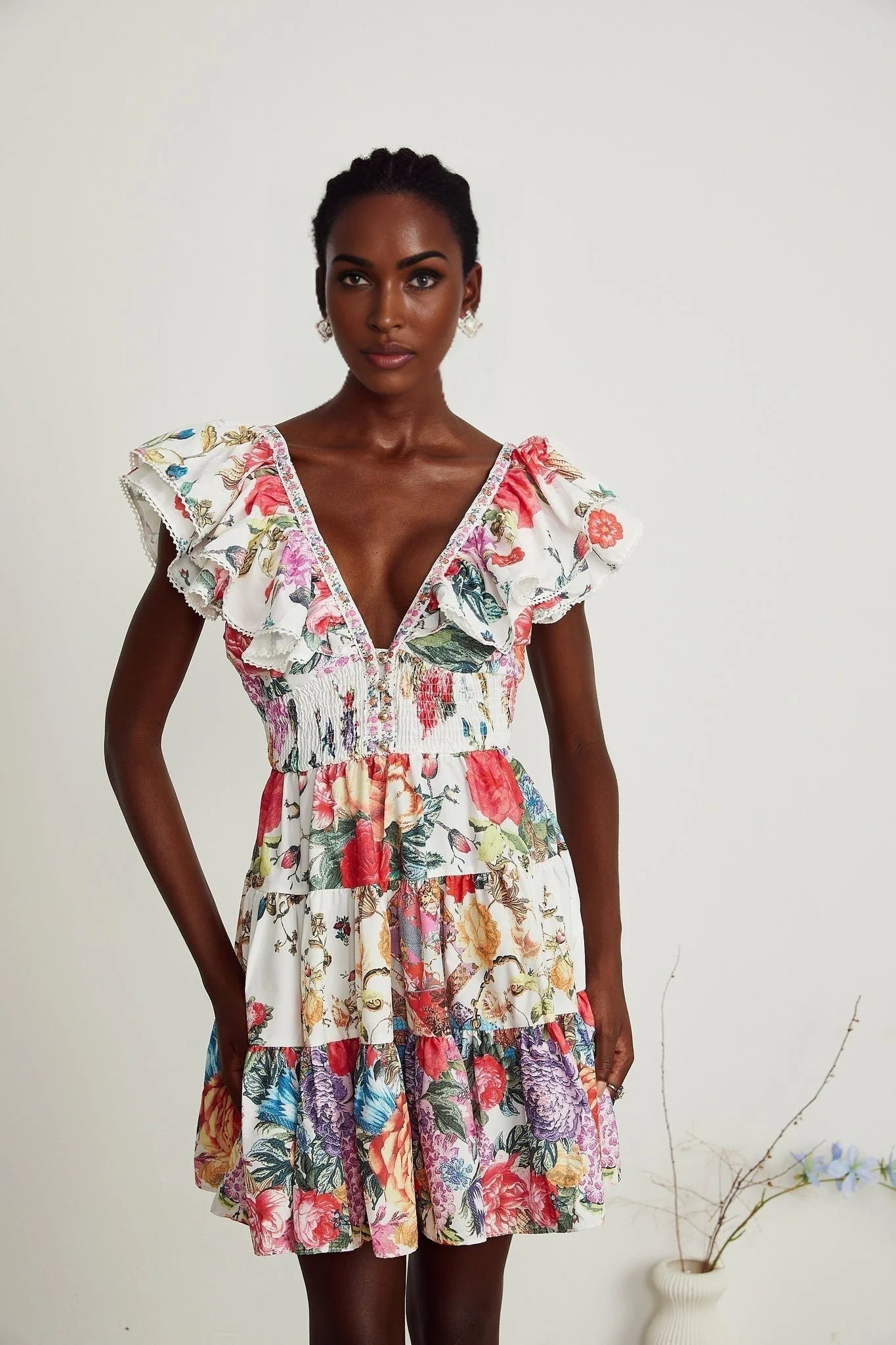 Beatrice Mini Dress - V - neck - Sleeveless - Ruffled and Pleat Detailing - Crystal Embellishment